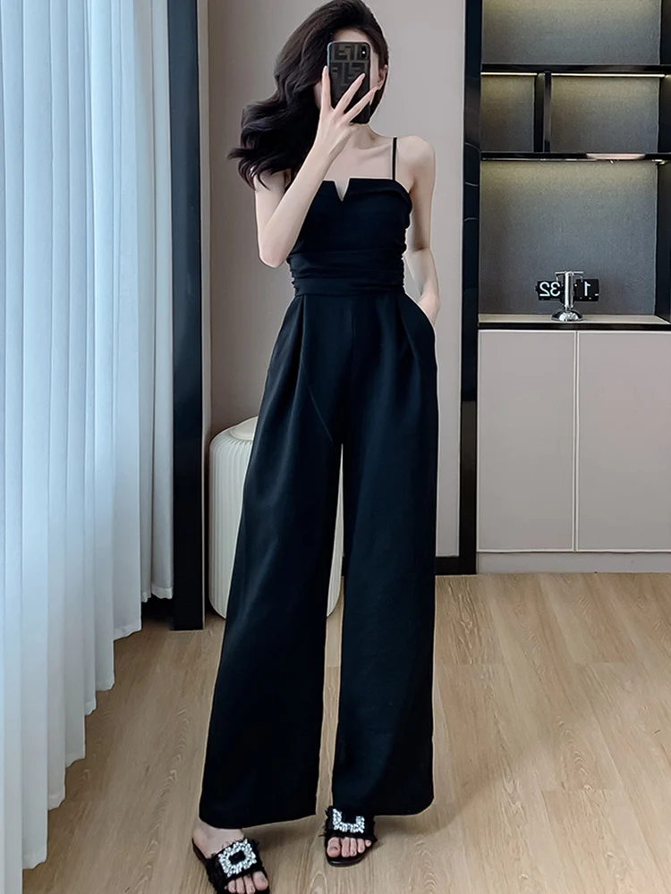 2024 Summer For Women Fashion Design Sexy Black Sling Jumpsuits Ladies Elegant Office OL High Waist Wide Leg Rompers