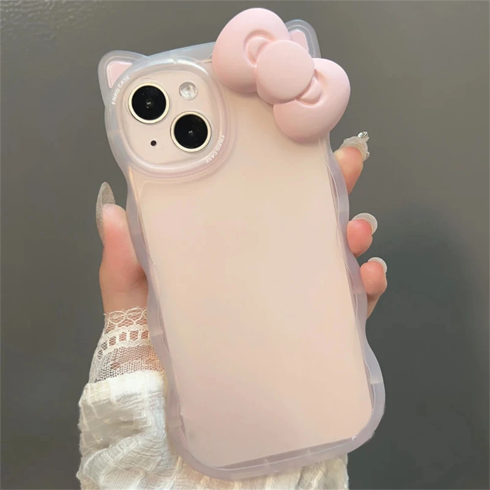 Korean Cute Pink Bow 3D Cat Ear Wavy Clear Case For iPhone 17 16 15 14 13 Pro Max Lovely Aesthetics Shockproof Soft Cover - náhled 3