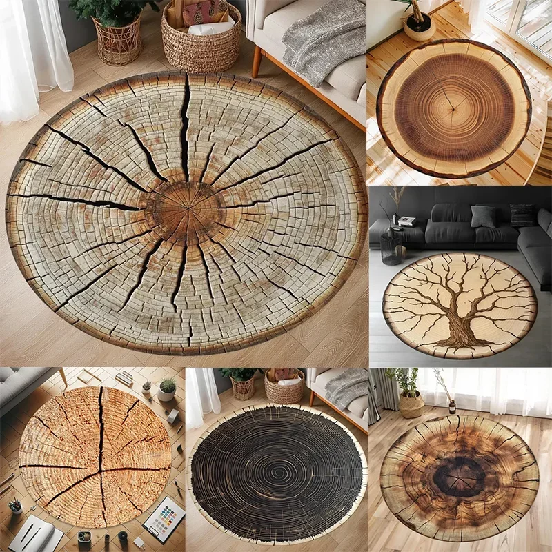 Natural Woodland Charm Tree Ring Pattern Round Rug Washroom Floor Mat Rugs for Bedroom Living Room Decoration