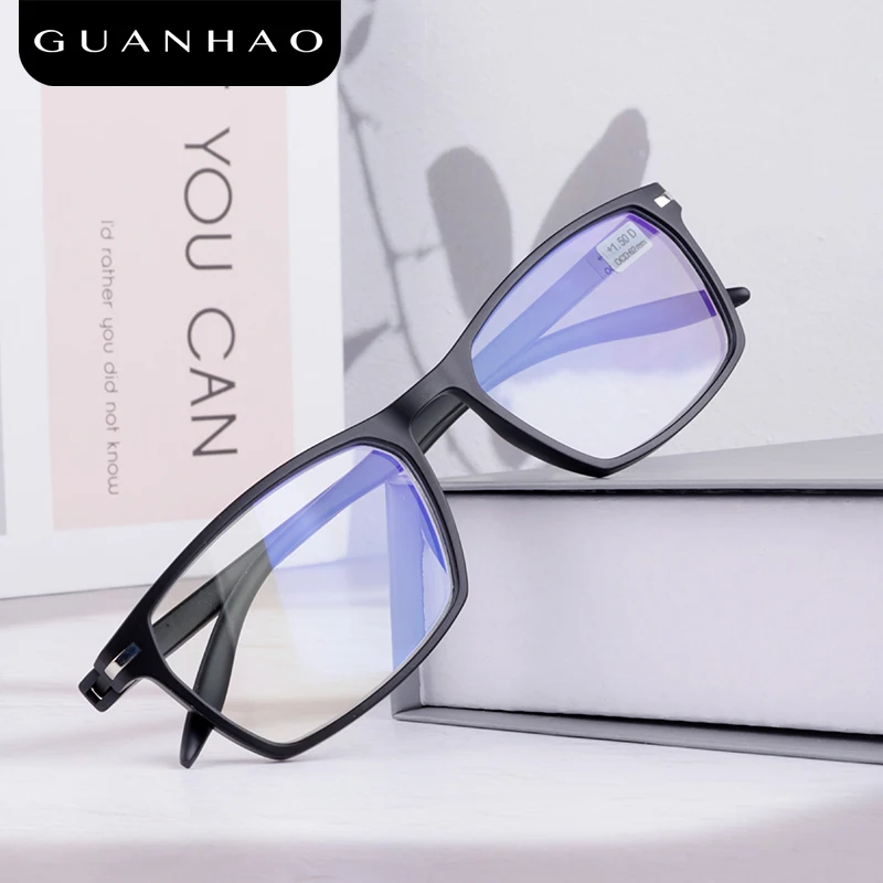 

Guanhao Anti Blue Light Resin Lens Fashion Frame Ultralight TR90 Man Reading Glasses Plastic Frame Slim Clear presbyopia Glasses