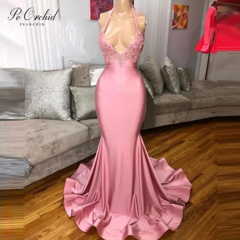 PEORCHID Dusty Pink Mermaid Prom Dresses For Black Girls 2023 Lace Backless Long Evening Dress Vestidos De Fiesta Para Mujer