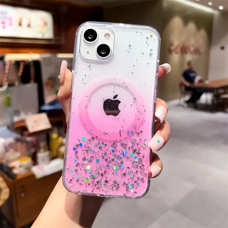 Gradient Glitter Magnetic Case For iphone 16 15 14 12 13 Mini 11 Pro Max X XS XR 8 7 Plus SE 2 3 For Magsafe Silicone TPU Cover