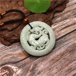 Natural White Green Chinese Jade Dragon Pendant Necklace Fashion Charm Jewelry Double-sided Hollow Carved Amulet Gifts for Her