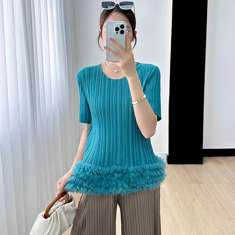 Miyake High-end Gentle and Fashionable Tops for Women Slimming 2023 New Summer Fashion Versatile Pleated T-shirts for Women