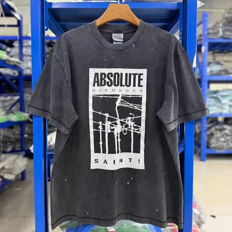 SAINT Vintage Distressed Printed Oversized T-Shirt Trendy Black Summer Hip-Hop Oversized Casual Tops