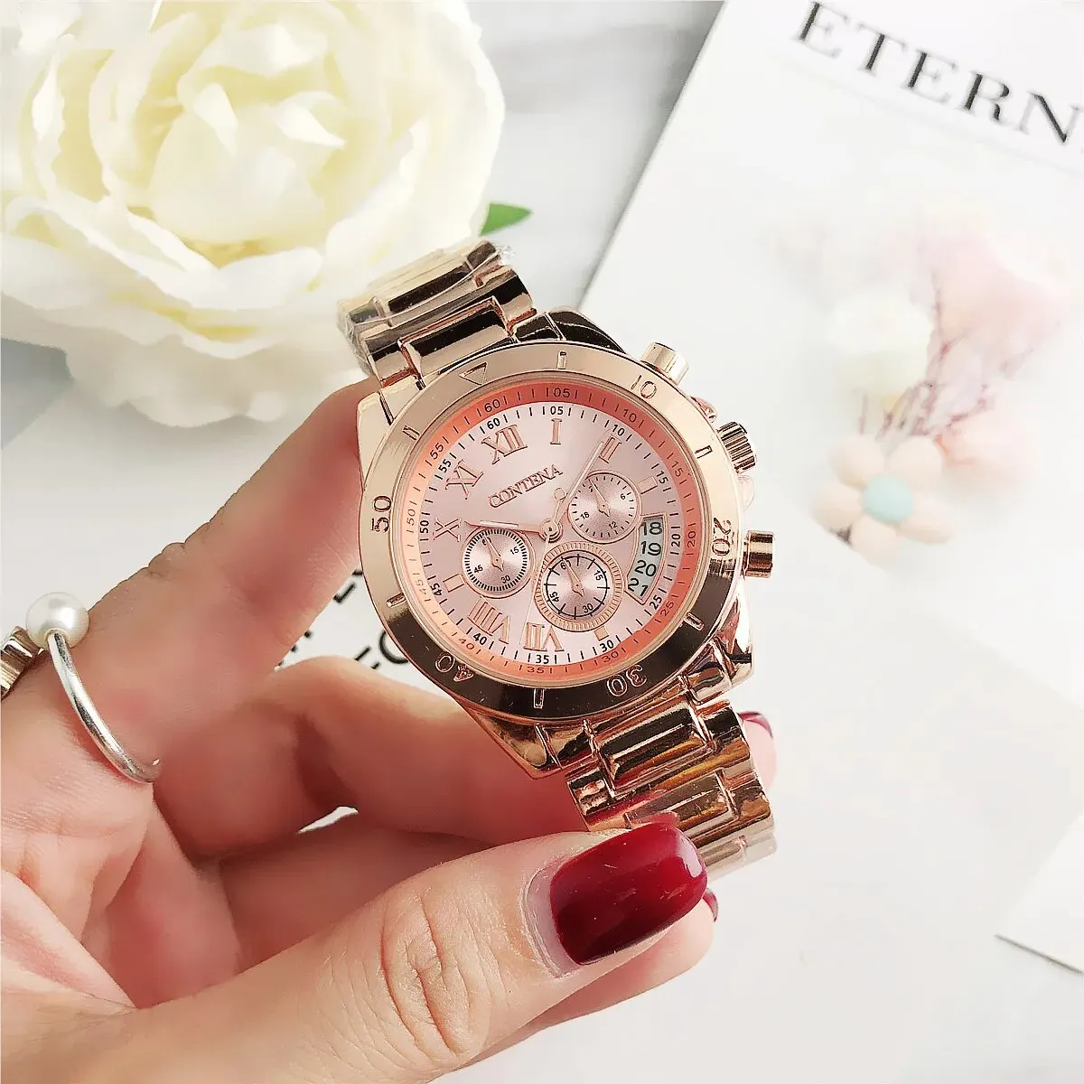 CONTENA Women Top Brand Quartz Watch Rose Gold Classic Female Elegant Clock Watches Luxury Gift Ladies Calendar Wristwatch Clock