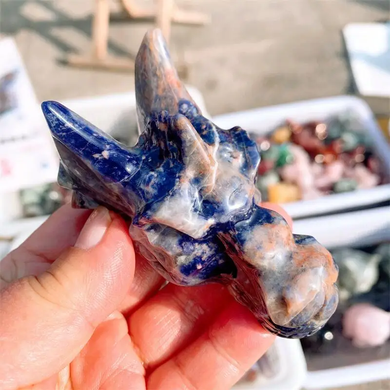 Natural Blue Sodalite Dragon Skull Head Polished Animal Powerful Statue For Home Decoration Gift 1pcs