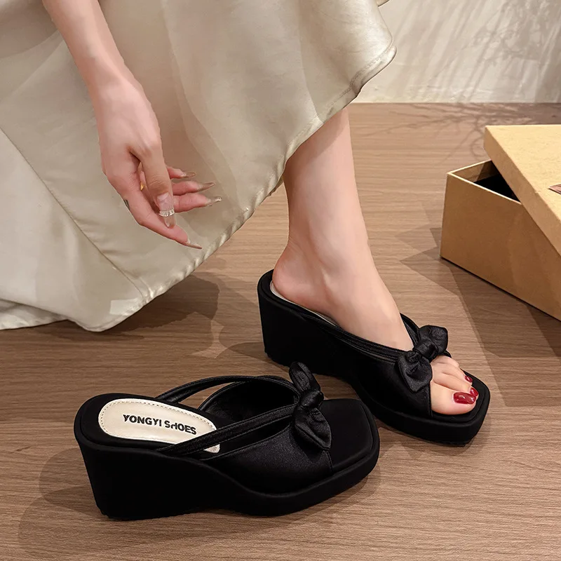 

Satin Butterfly-knot Women Slippers Open Toe Wedge Heel Shoes Ladies Elegant Height Increase Daily Wear Vacation Slides