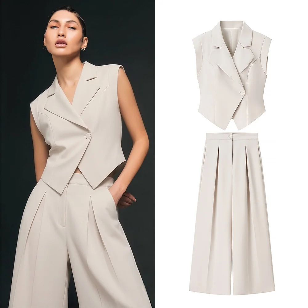 

2 Pcs Women Chic Pants Suit Set Fashion Turn-down Collar Slim Vest Tops+ Zipper Waist-drooping Wide-leg Long Pants OL Suits