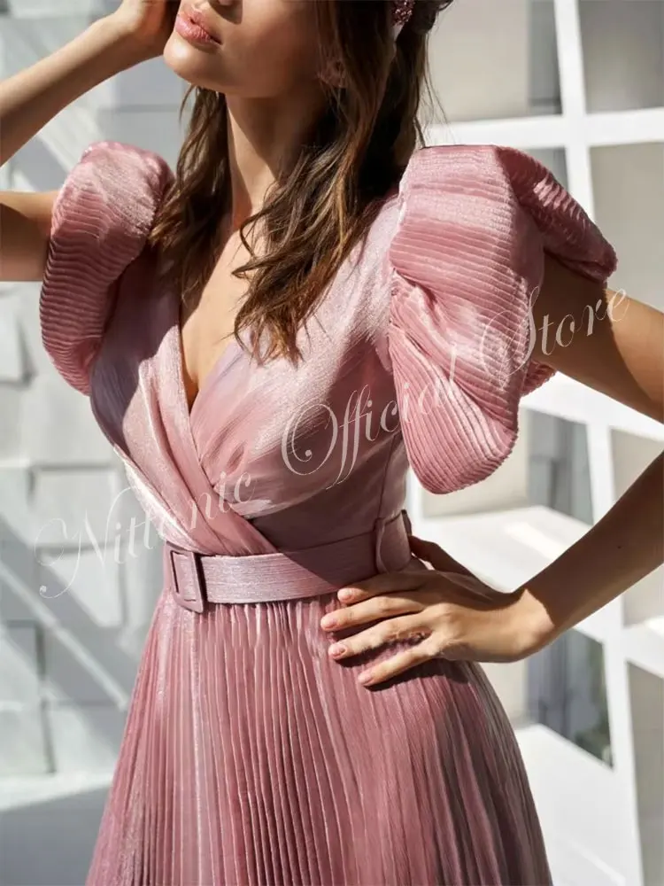 Long Pink Prom Dresses for Woman V-Neck Puffy Sleeve Floor-Length A-Line Belt Evening Party Formal Occasion 2024فساتين طويلة