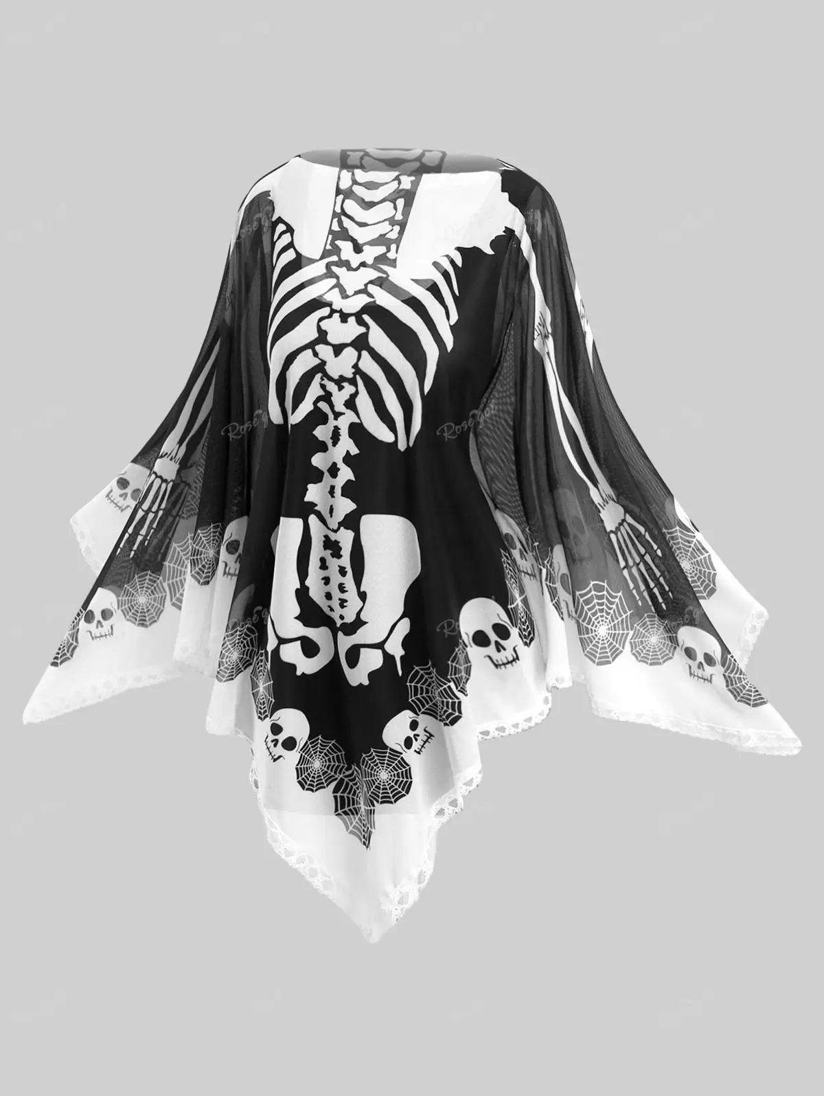 ROSEGAL  Plus Size Cape for Halloween Thin Cloak Spider Web Skeleton Print Or Pumpkin Smile Colorblock Printed Handkerchief Cape