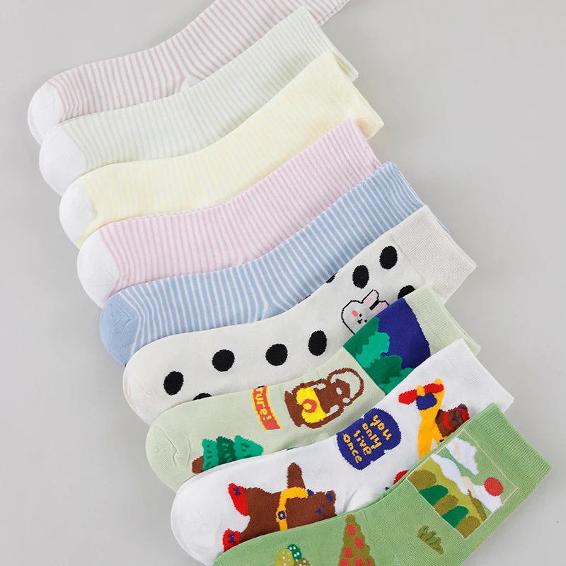 1/5/10/15/20 Pairs Random Women Classic Cartoon Stripe Dot Pattern Soft Breathable Mid‑Calf Socks