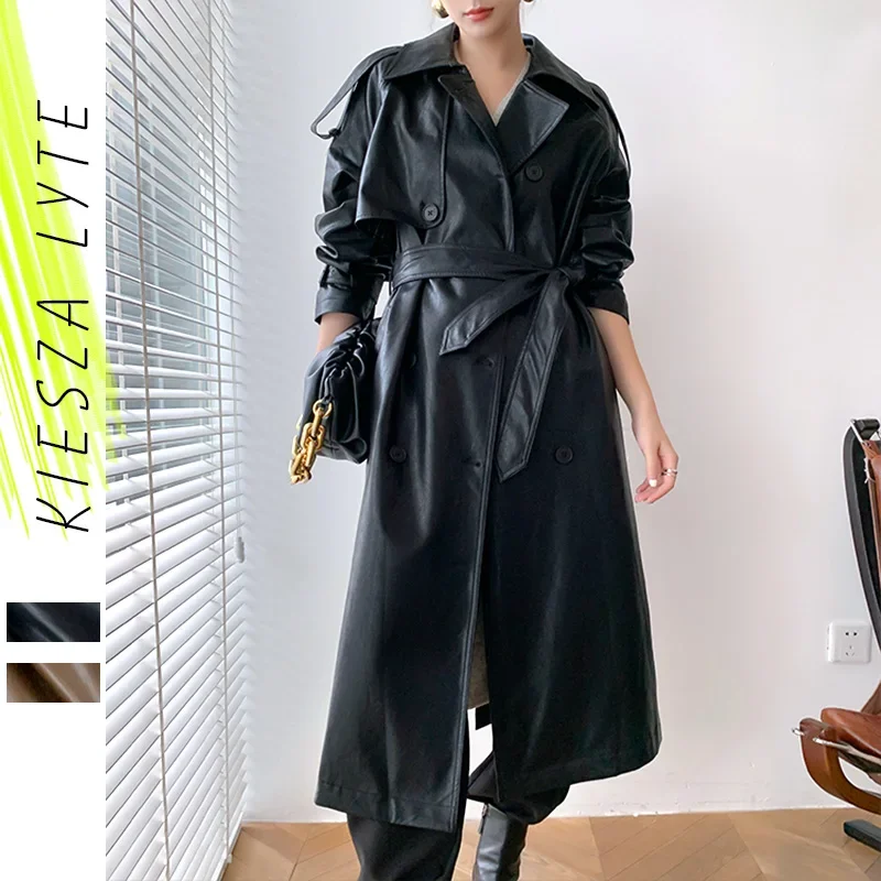 Women PU Leather Long Jacket 2024 Autumn Winter Black Brown Faux Leather Sashes Office Lady Windbreaker Trench Coat Outwear