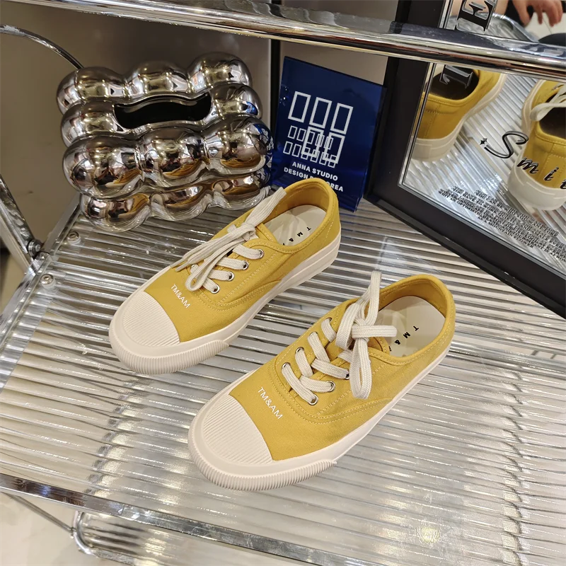 

Женские низкие кеды из канваса, удобные, дышащие, желтые, на толстом каблуке, повседневные, с круглым носком, на резиновой подошве