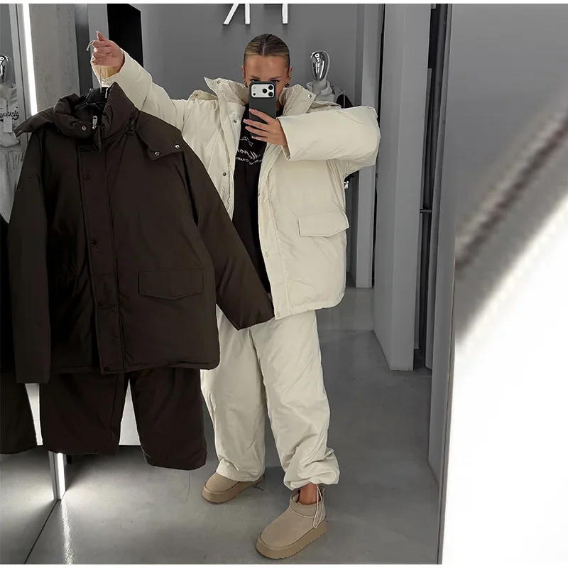 Damen-Winterhosen-Sets, Kapuzenjacken mit langen Ärmeln und Reißverschluss, übergroße, wattierte Jacken, Hosen mit weitem Bein, Herbst-Outfits für Damen, einfarbig, locker geschnitten. – Detail 3
