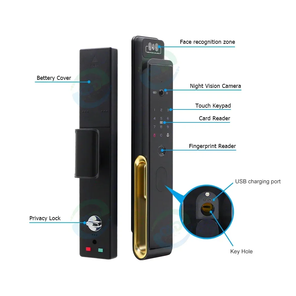 008 Intelligent TTLock WiFi App Smart Lock Face Recognition Automatic Intercom Real-time Camera Smart Door Lock