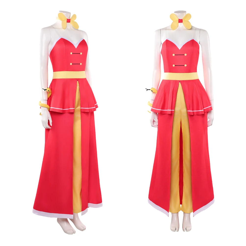 فستان هازبين هيل إن التنكري تشارلي الأحمر زي موحد ملابس الفنادق مجموعة ملابس دعائم الأفعى الصفراء ملابس حفلة كرنفال الهالوين