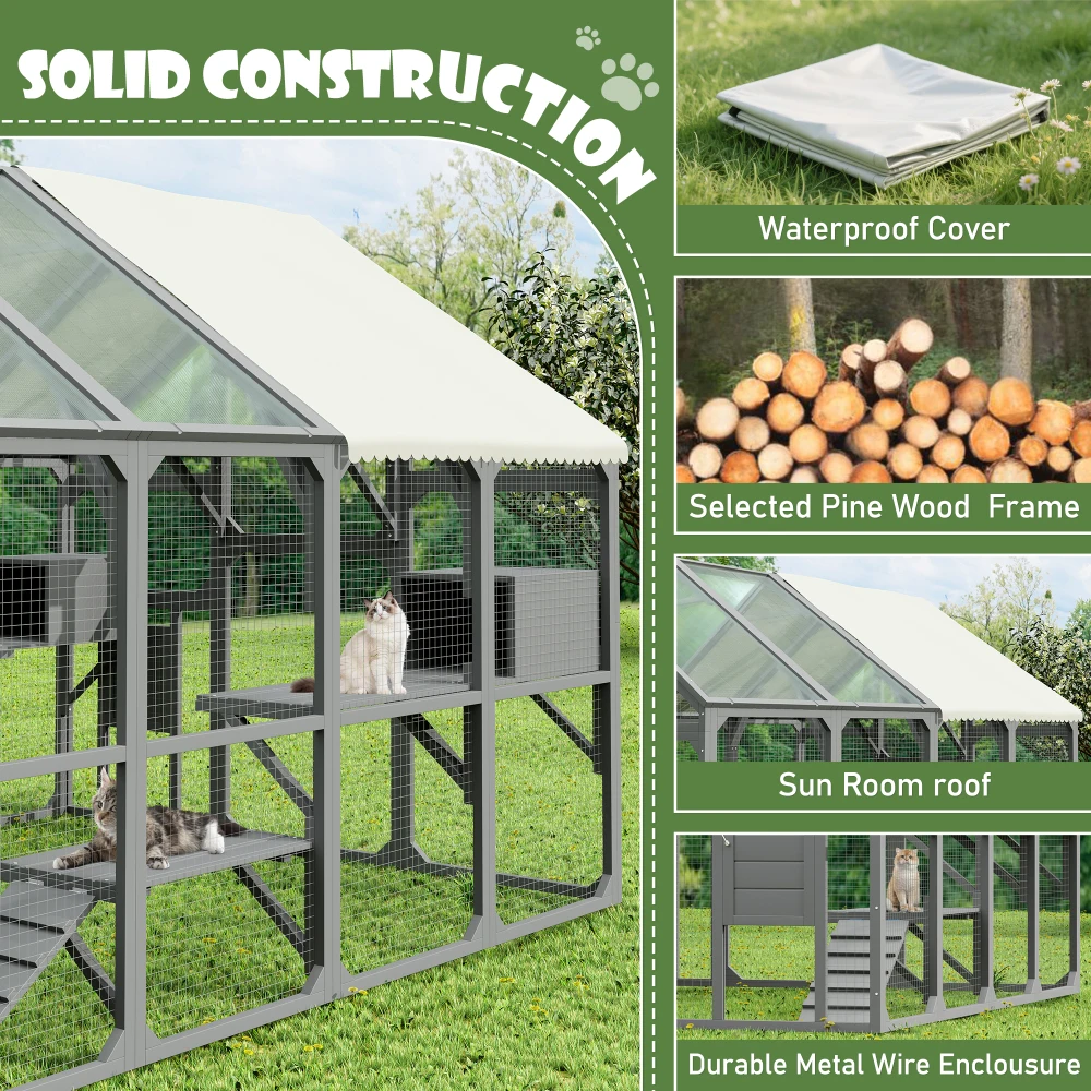 Ye Large Catio Outdoor Cat Enclosure for Multiple Kittens - Wooden Cat House with 7 Platforms, 2 Resting Boxes, 1 Bridge, 1 Ramp, Walk-in Kitty Cage Kennel with Sunshine Board Roof, Gray view 6
