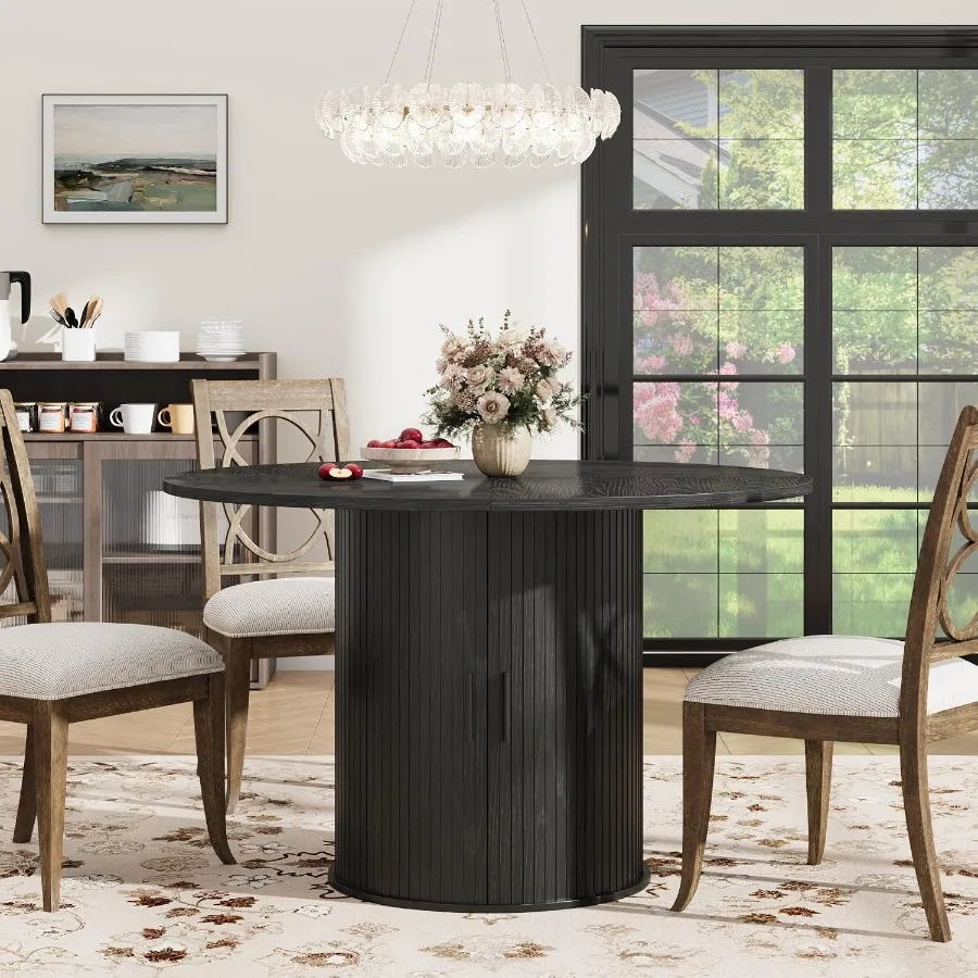 47 Inch Round Dining Table for 4, solid wood, natural oak finish, scratch-resistant surface and stable pedestal base
