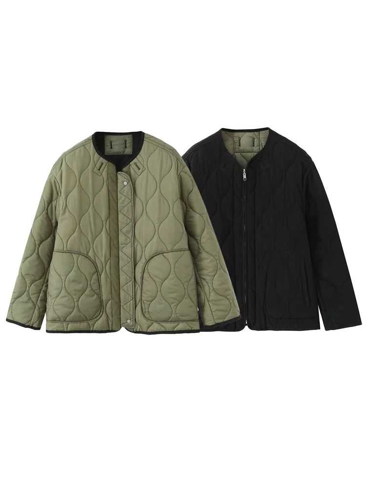 

HH Woman Loose O-Neck High Street Double-sided Outcoat Zipper Pockets Decorate Casual Long Sleeve Coat Women Winter Cotton Coat