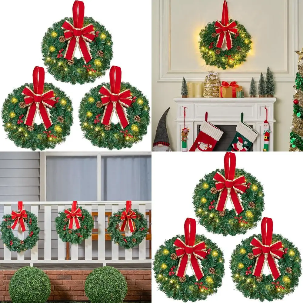 

19 Pre-Lit Artificial Christmas Wreaths with 20 Warm Lights, Cordless & Battery-Powered for Indoor/Outdoor Door, Wall, Window De