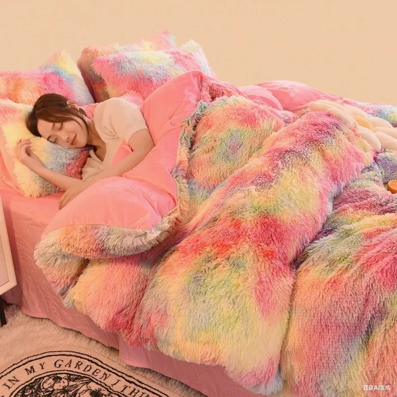 1pc Extra large bedding set  seasonal plush 4-piece set  soft and thick down duvet cover  velvet bed sheet  rainbow style