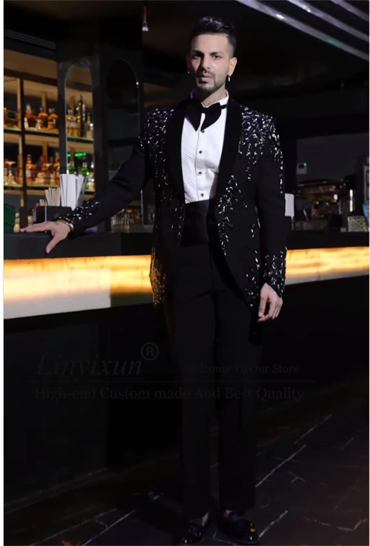 Luxury Crystals Beaded Men Suit 2 Pieces Sets Male Prom Blazers Pants Customized Groom Tuxedos Slim Fit Wedding Costume Homme