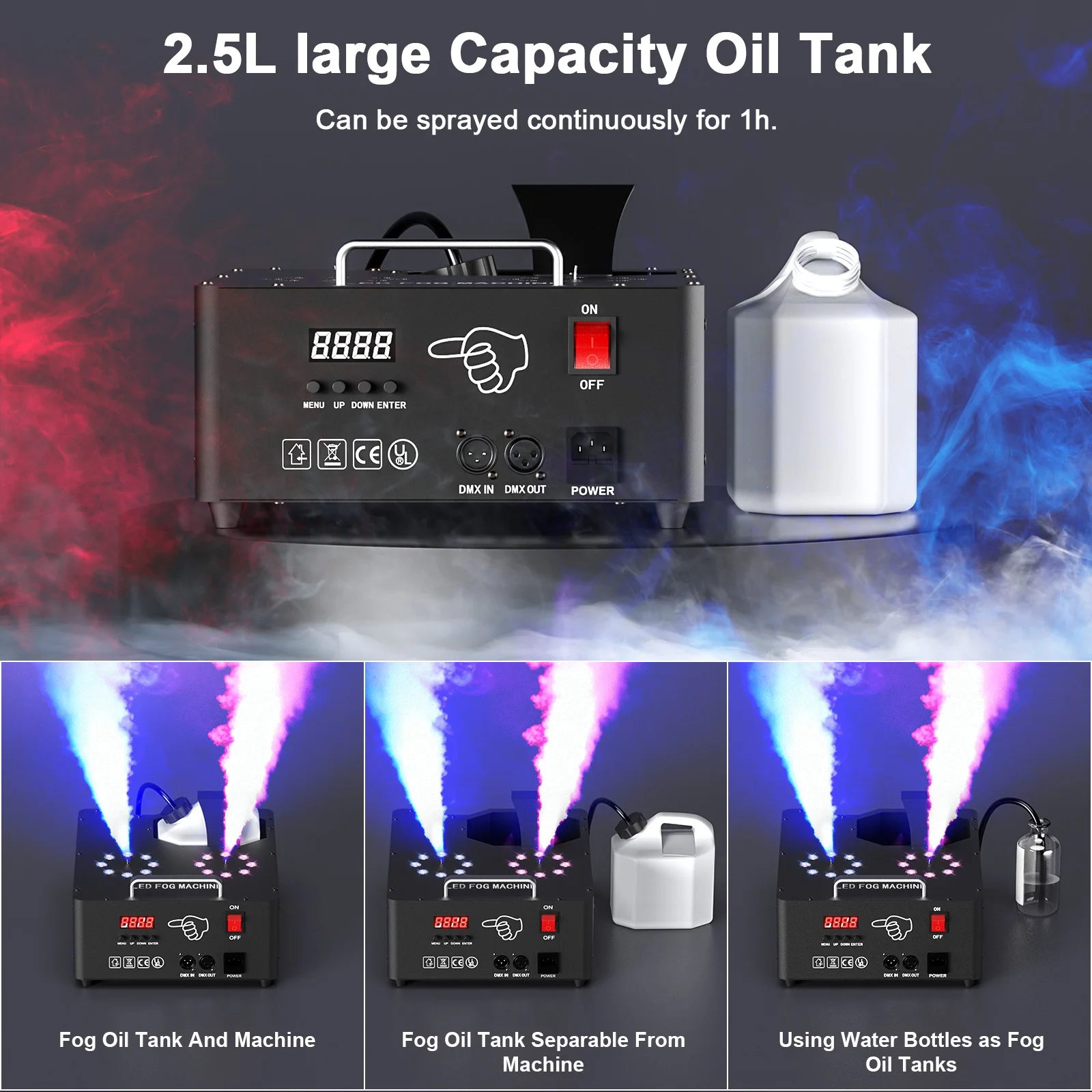 U\'King 2000W Smoke Machine Double-tube Adjustable Fog Machine DMX512 8+8 RGB 3IN1 LED 13CH Stage Colorful Spray Equipment