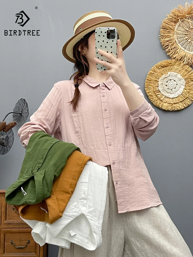 

New 2025 Autumn Cotton Yarn Long Sleeve Shirt, Women Turn-down Collar Buttons, Mori Girl Temperament Chic Loose Blouse T5N491CC