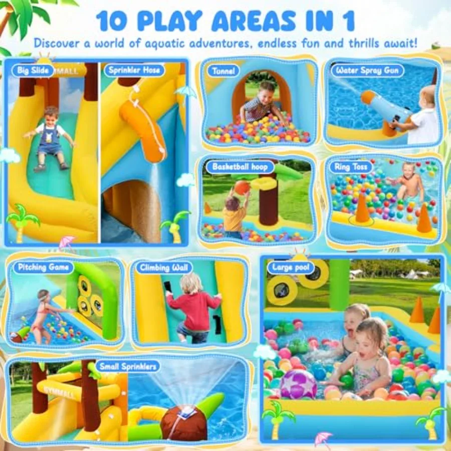 Inflatable Water Slide Bounce House with 450 W Blower, Blow up 10-in-1 Waterslide Park Bouncy Castle Outdoor and Indoor, Bounce