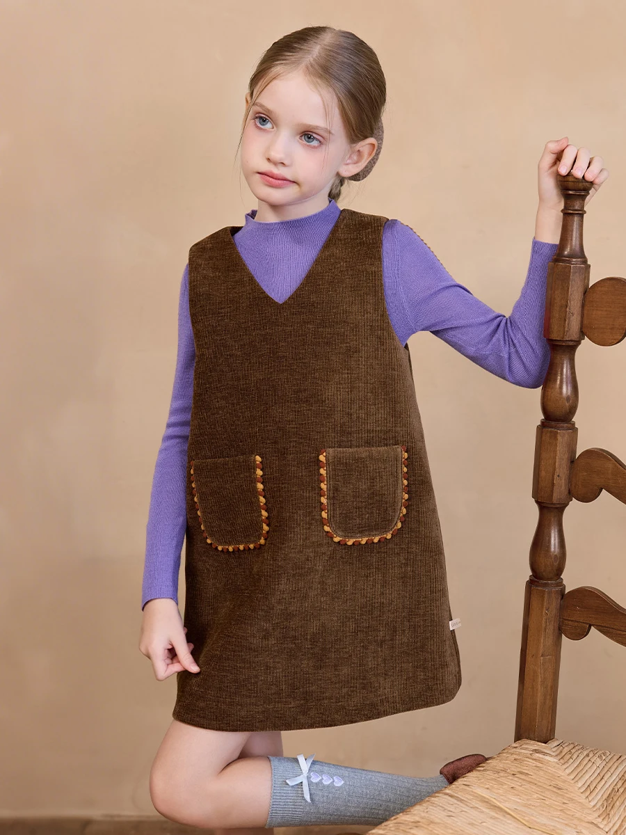 Girls Corduroy Winter Dress | Purple Brown Cotton Padded New Year Party Pinafore/Jumper | Long Sleeve Warm Toddler Dress