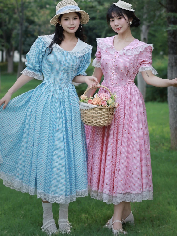 TIYIHAILEY Long Maxi Women Ladies Dress Short Sleeve Blue Pink Lace Cotton Patchwork Printed Summer Turn Down Collar Plaid
