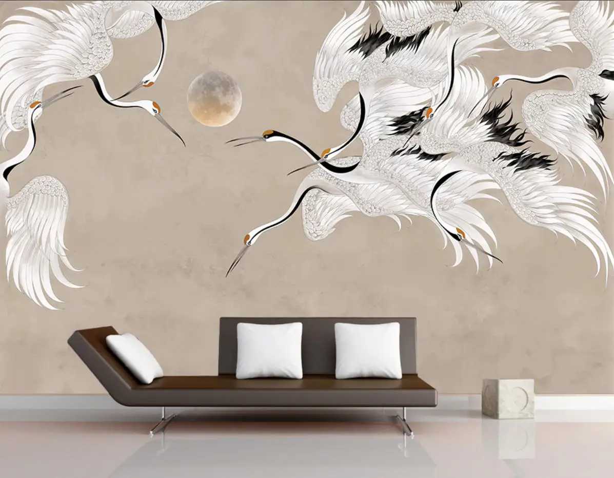 Chinese Style Phoenix Gray Mural White Line Art Dark Gray Background White Crane Auspicious Cloud Goldfish Painting Wallpaper