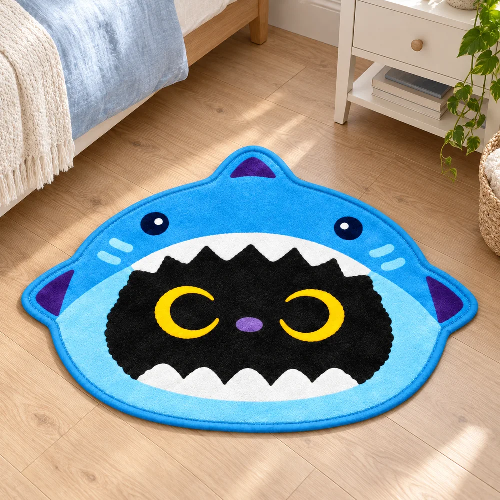 Black Cat in Shark Hood Shaped Flannel Rug, Cute Blue Animal Irregular Floor Mat for Bedroom Living Room Decor, Creative Gift