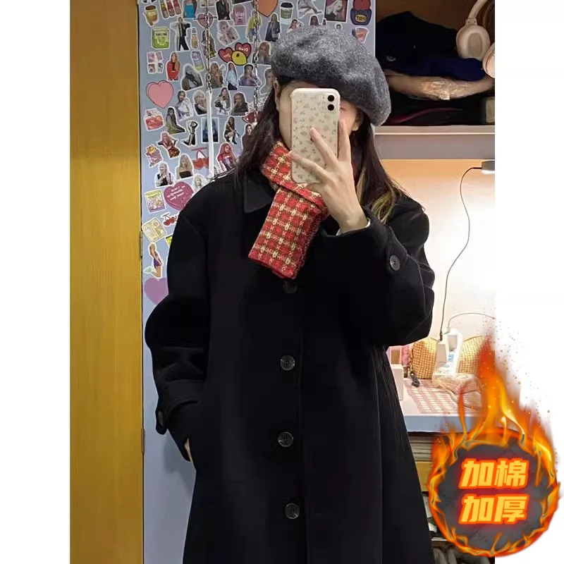 

Black Long Coat For Women 2026 New Autumn Winter Woolen Jacket High-End Trendy Hepburn Style Thickened