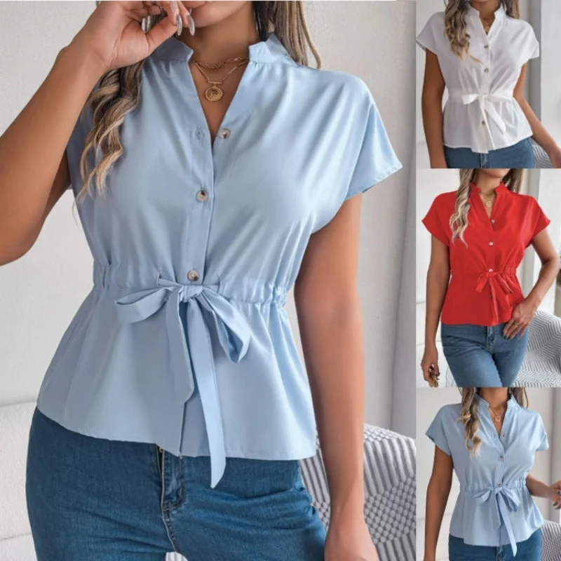 

Elegant Peplum Blouse V Neck Cap Sleeve Self Tie Waist Button Front Casual Office Tops for Woman Clothes