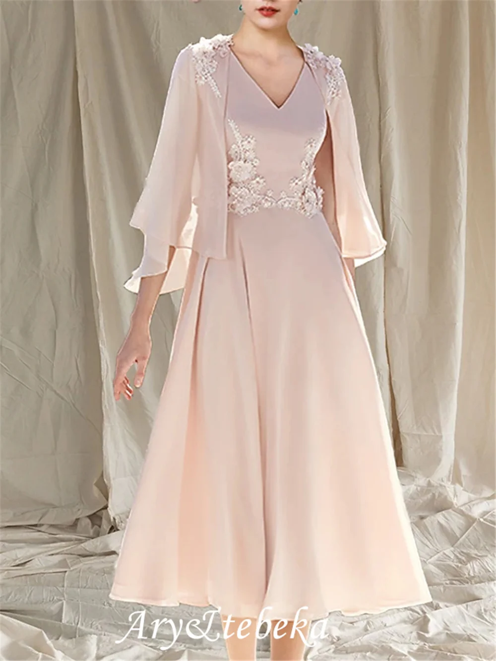 

Two Piece A-Line Mother of the Bride Dress Elegant Wrap Included V Neck Tea Length Chiffon Sleeveless with Appliques