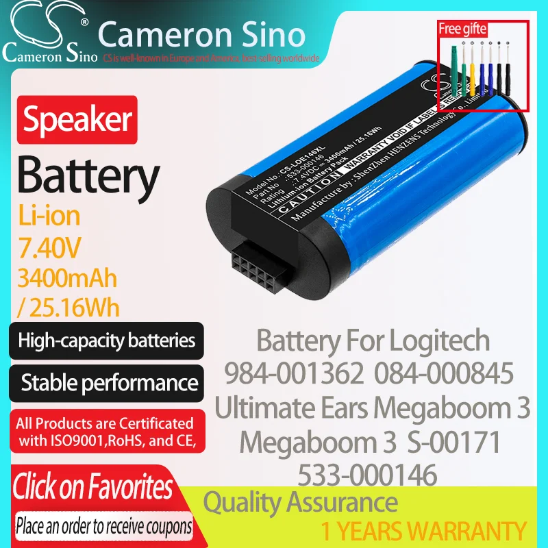 

CameronSino Battery for Logitech 984-001362 084-000845 Ultimate Ears Megaboom 3 S-00171 fits Logitech 533-000146 Speaker Battery