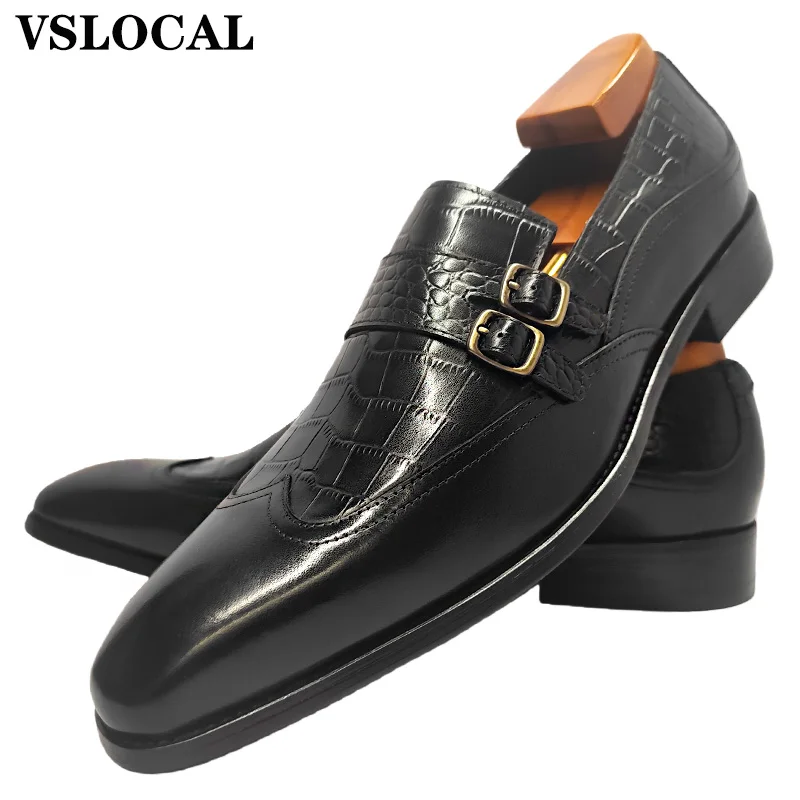 

2025 Men Leather Loafers Monk Strap Shoes Black Wingtip Crocodile Print Dress Mens Casual Shoes Slip On Loafers For Man
