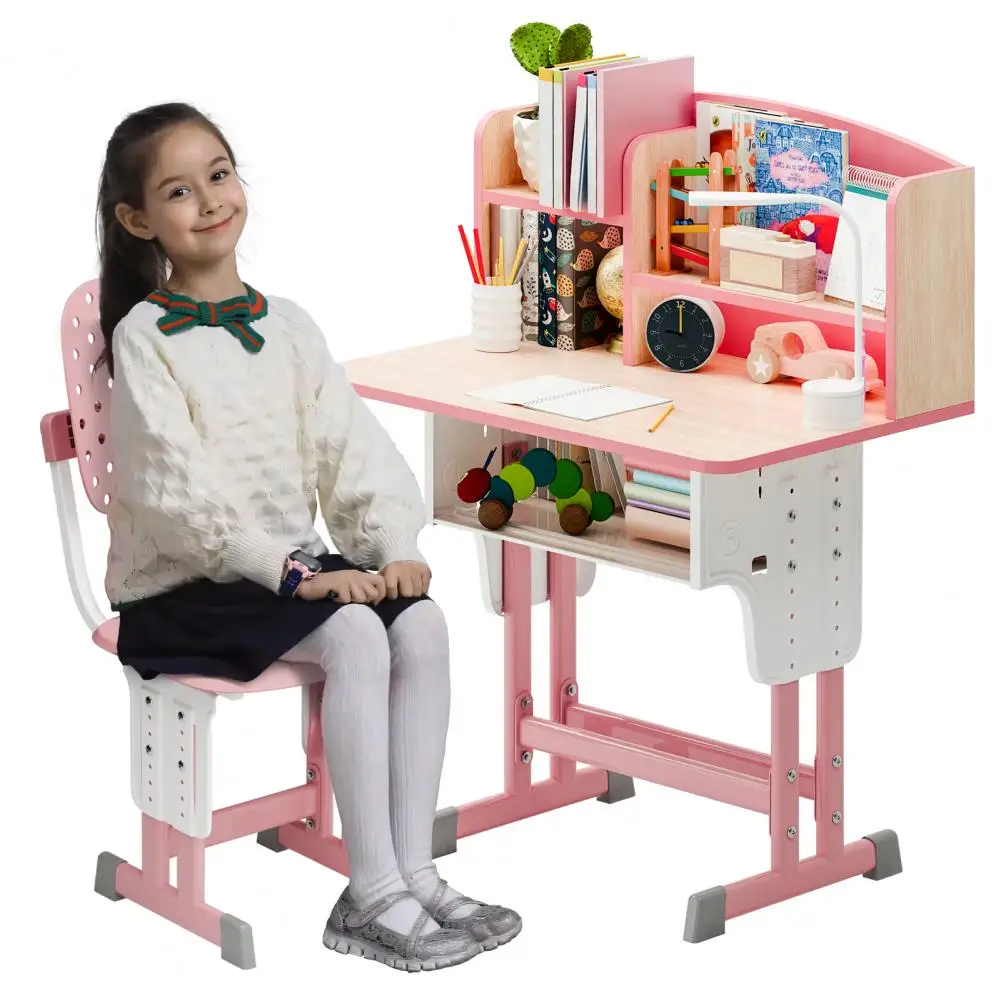 2-Piece Kids Desk Chair Set – Adjustable Height Learning Table with Drawer, Bookshelf, Hook & Cup Holder