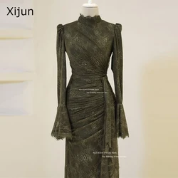 Xijun Modest Full Lace Long Evening Dresses High Collar A-Line Prom Dresses Muslim Moroccan Kaftan Formal Prom Gowns Customized