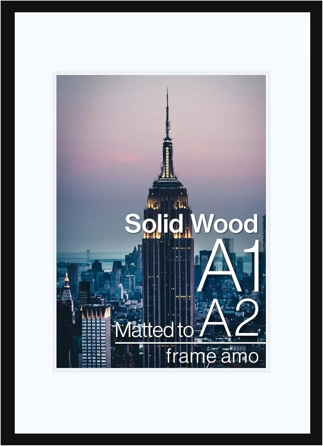 

23.4X33.1 A1 Bla Solid Wood Picture Frame With White Mat Opening For 16.5X23.4 A2 Image, 1 H Border, Acrylic Face