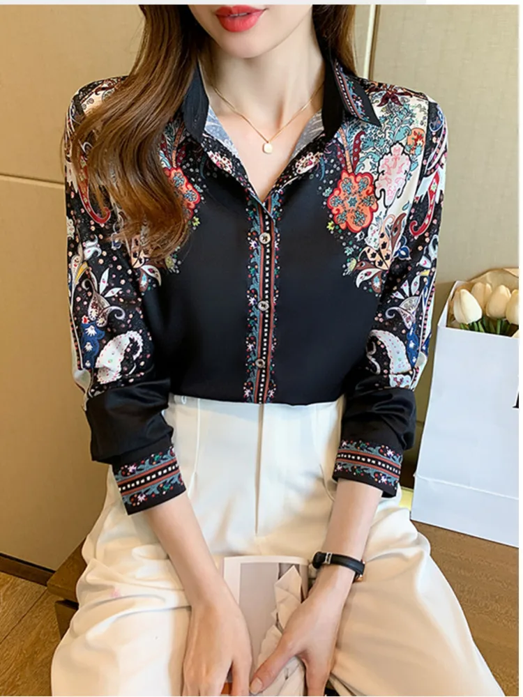 #3106 Long Sleeve Shirts Women Vintage Floral Printed Satin Shirt Ladies Slim Fit Office Womens Shirts Turn-down Collar