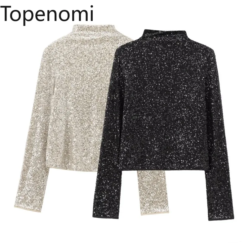 Topenomi Fashion Sequins Turtleneck Tops Women 2025 Spring Long Sleeve Versatile Short T Shirt High Street Y2k Party Tees Blouse