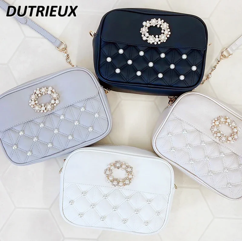 Japanese Style Sweet and Cute Makeup Bags Mine Series Mass-Produced Rhinestone Pearl Pu Leather Crossbody Pouch Toiletry Bag