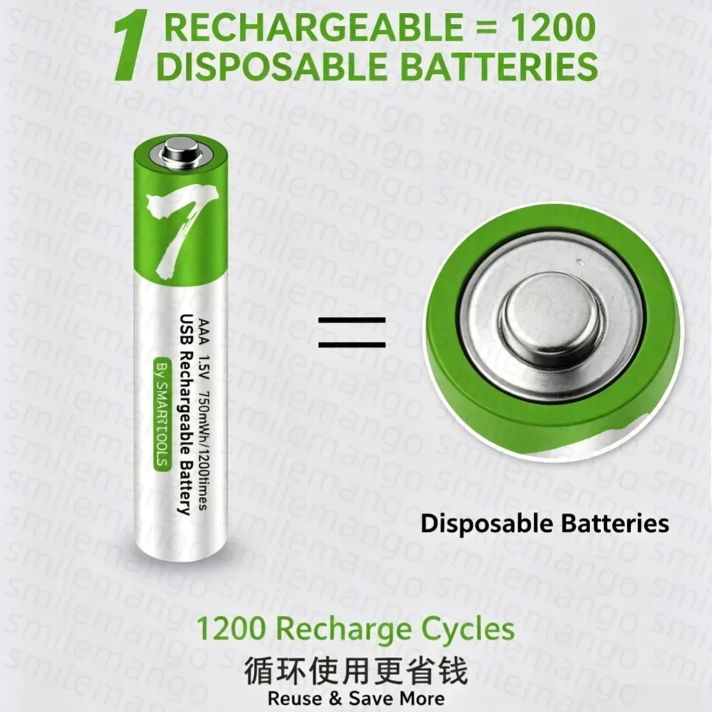 AAA 750mWh USB Rechargeable Li-ion Battery High Capacity for Remote Control Wireless Mouse Small Fan Electric Toys + Cable