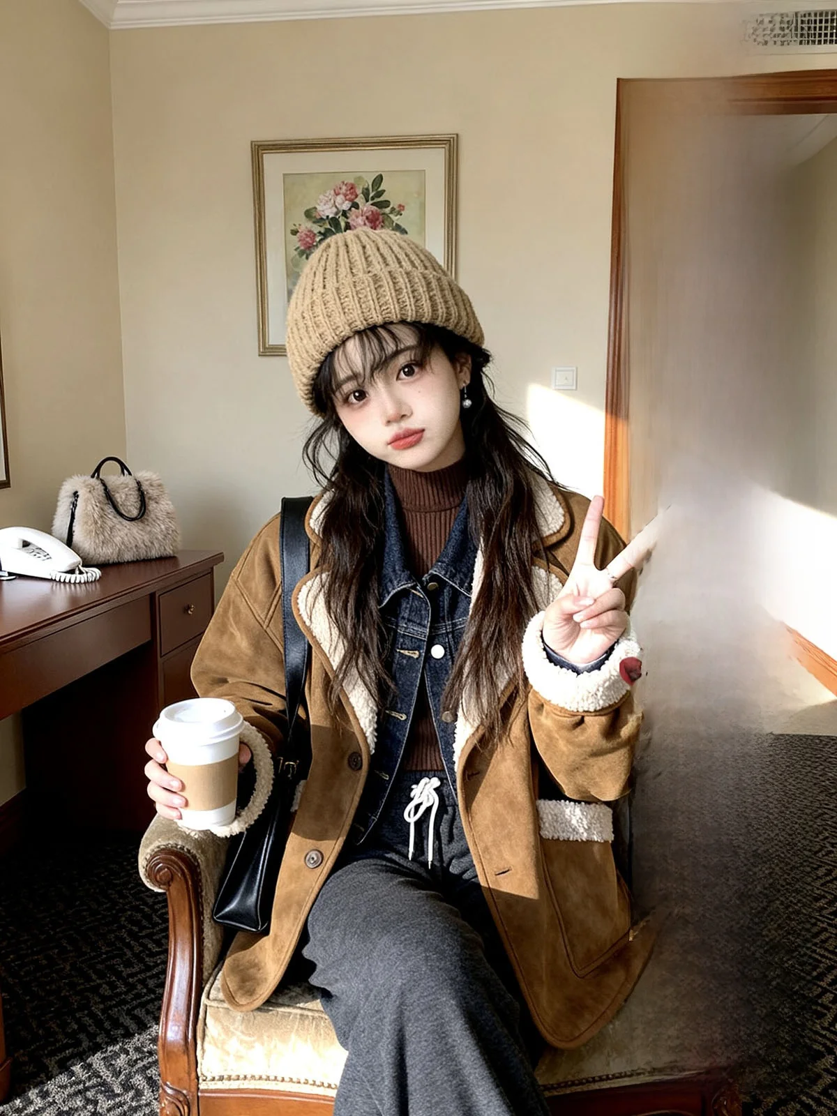 

Women's Suede Jaet Winter New Sle Lamb Fur Lined Thiened Casual Cotton Coat Long Sve Loose Fit Regular Length