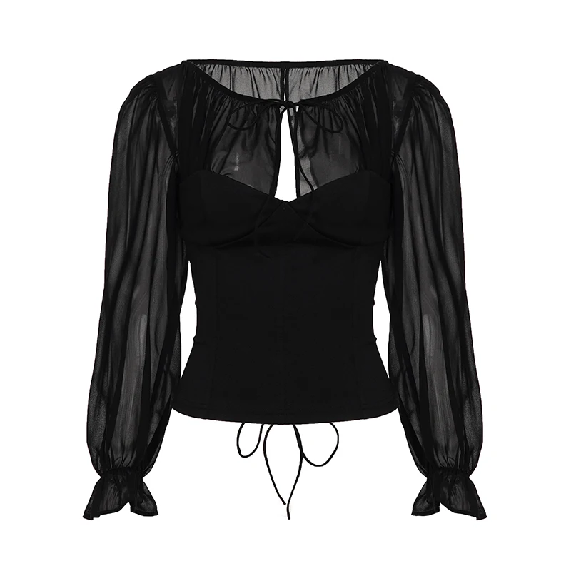 Kaos Wanita Elegan Model Patchwork Mesh Transparan Slim-Fit V-Neck Lengan Panjang Musim Gugur Musim Semi 2025