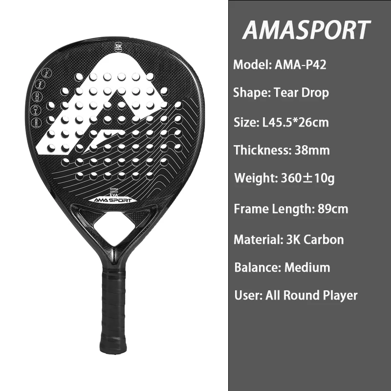 AMASPORT Padel Racket Pop 3K خفيف الوزن من ألياف الكربون للرجال مضرب تنس متوسط التوازن مع لينة إيفا المسيل للدموع قطرة الشكل Padel