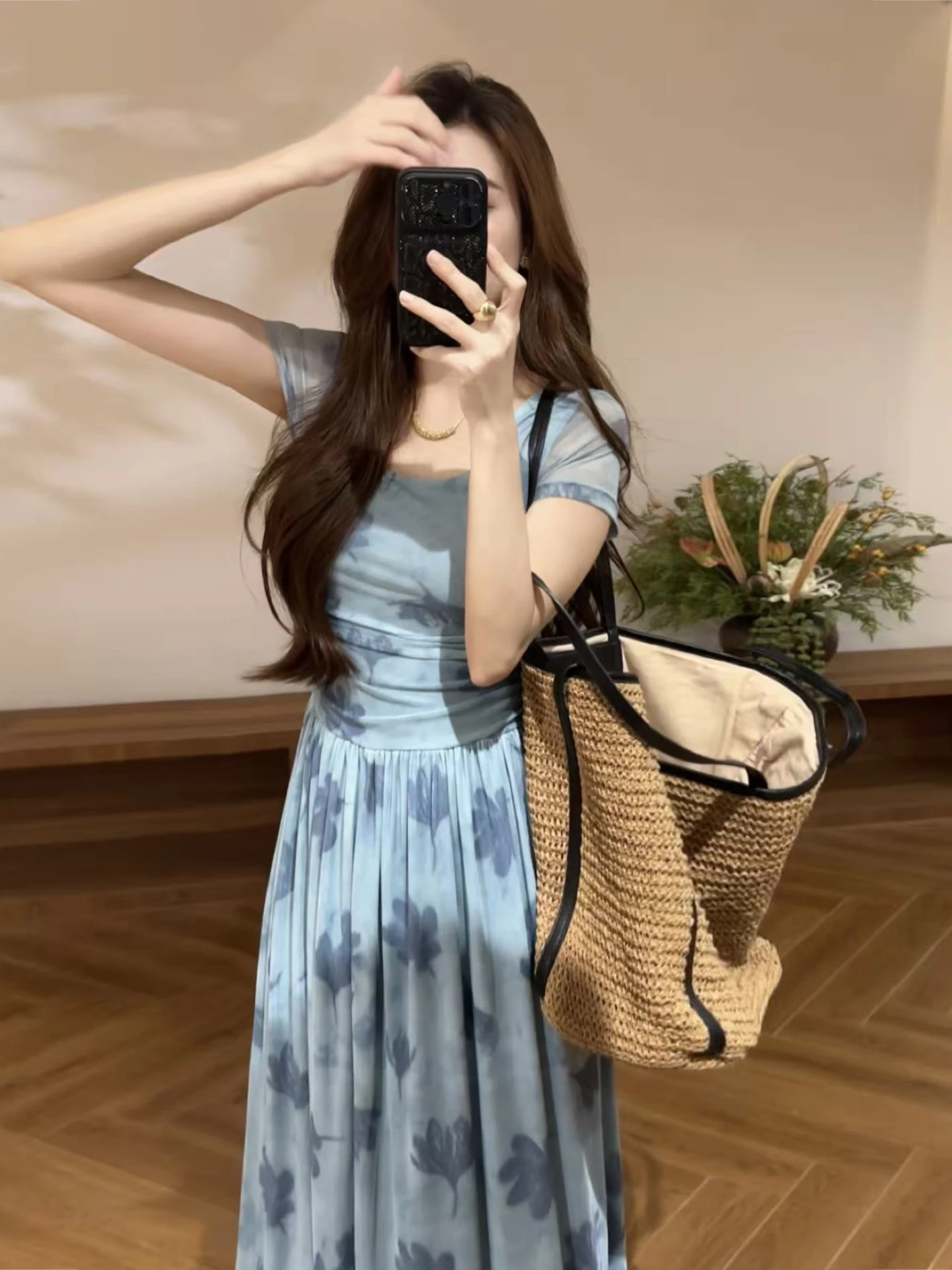 Daiting New Chinese Style Maple Leaf Print Slimming Waist Summer Short Sleeve Women's Long Dress Casual Swing Skirt DT2132